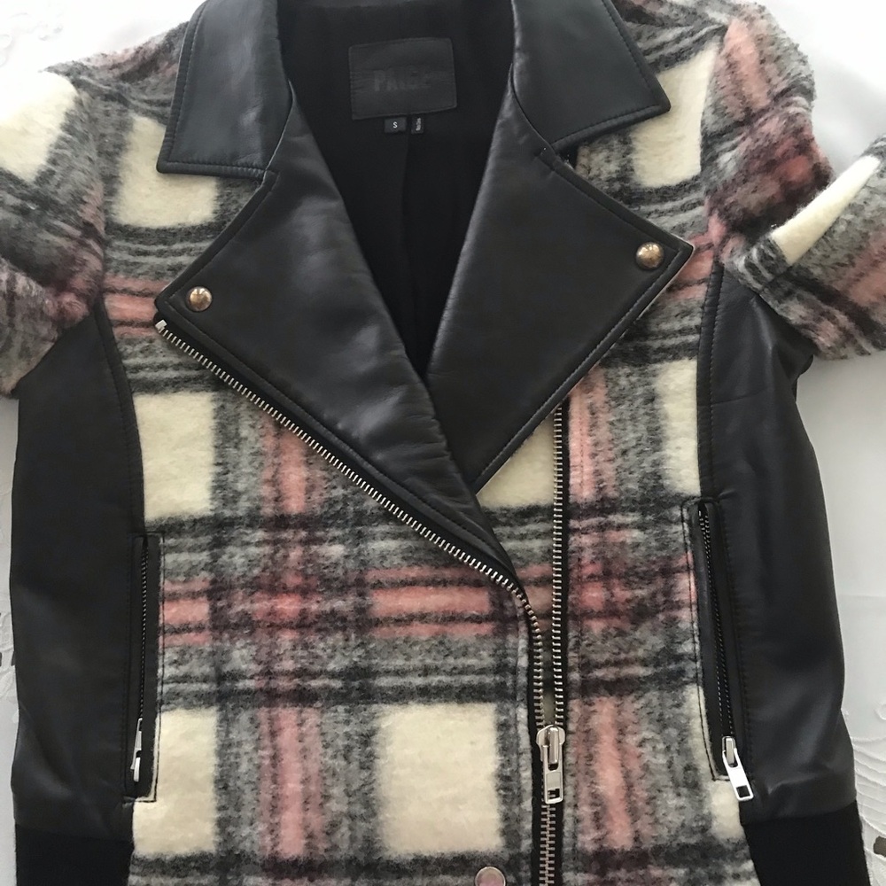 Paige Farrah Plaid Wool Leather Moto Jacket Pink Black Women's Size S - Picture 13 of 16
